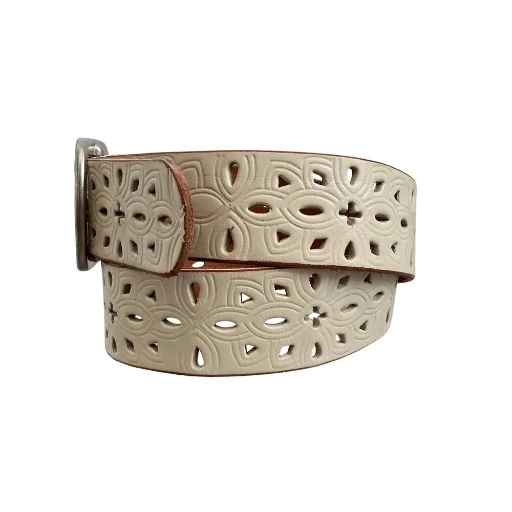 Fossil Western Floral Geometric Embossed Laser Cut Ivory Leather Belt Size S